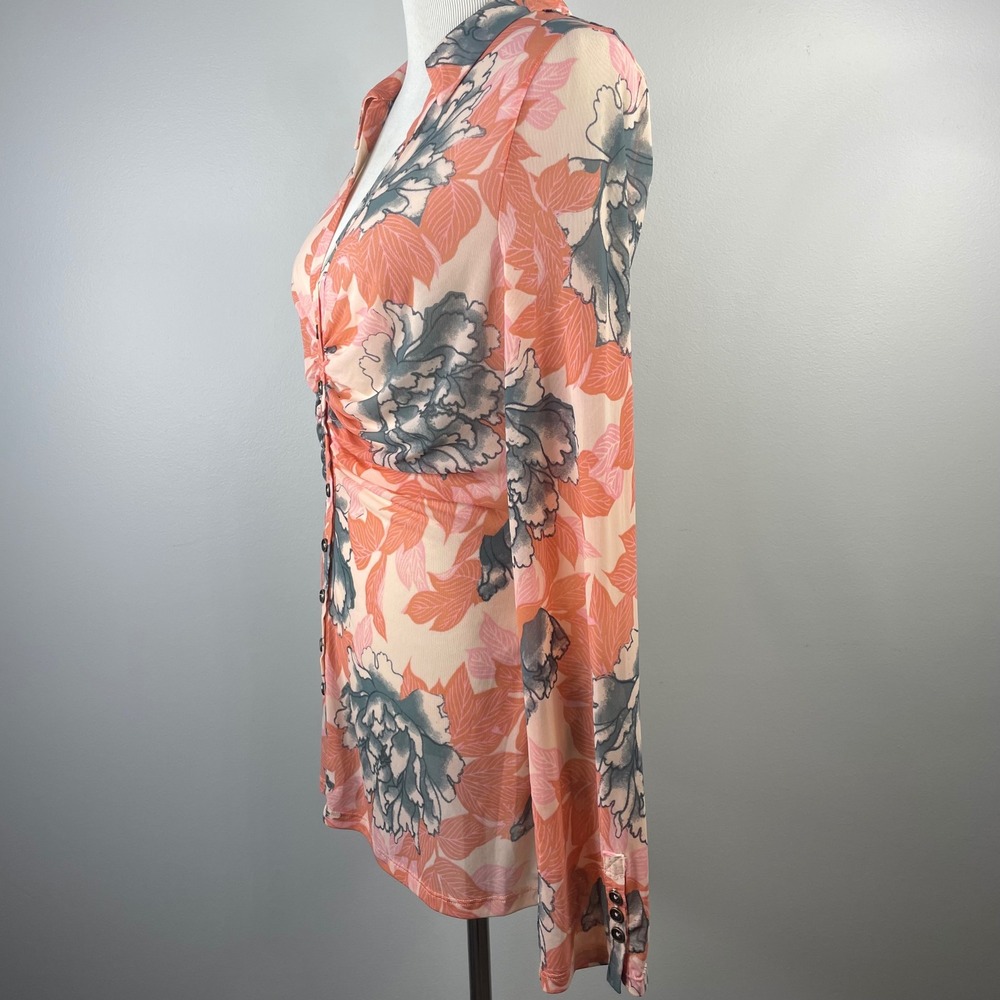 Free People Lucky Shirtee Floral Mesh Ruched‎ Button Front Long Sleeve Top Large - Picture 5 of 15
